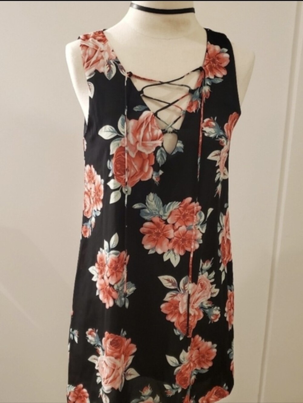 NWT 90s Corset Tie Tank Summer Everly Black Dress with Coral Floral Print